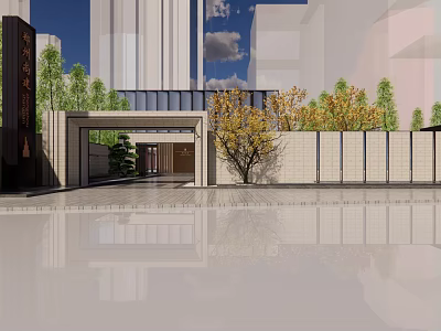 Modern Chinese Style Sales Office Building With Entrance Green Plants And Reflection 3d model