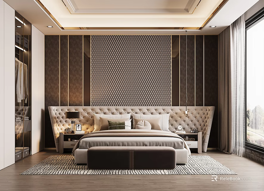 Elegant Modern Bedroom Interior With Upholstered Headboard Geometric Wall And Area Rug 3d model 