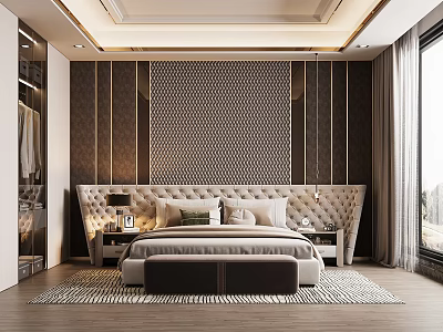 Elegant Modern Bedroom Interior With Upholstered Headboard Geometric Wall And Area Rug 3d model