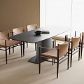 Minimalist Modern Dining Table with Six Light Brown Leather Chairs and Window Blinds