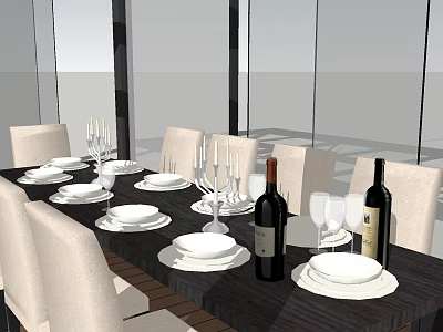 Modern Dark Wooden Dining Table Set With White Plates Wine Glasses And Beige Chairs 3d model