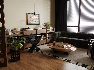 Modern Living Room Interior Design With Dark Sofa Wooden Coffee Table Green Plants And Window Blinds 3d model