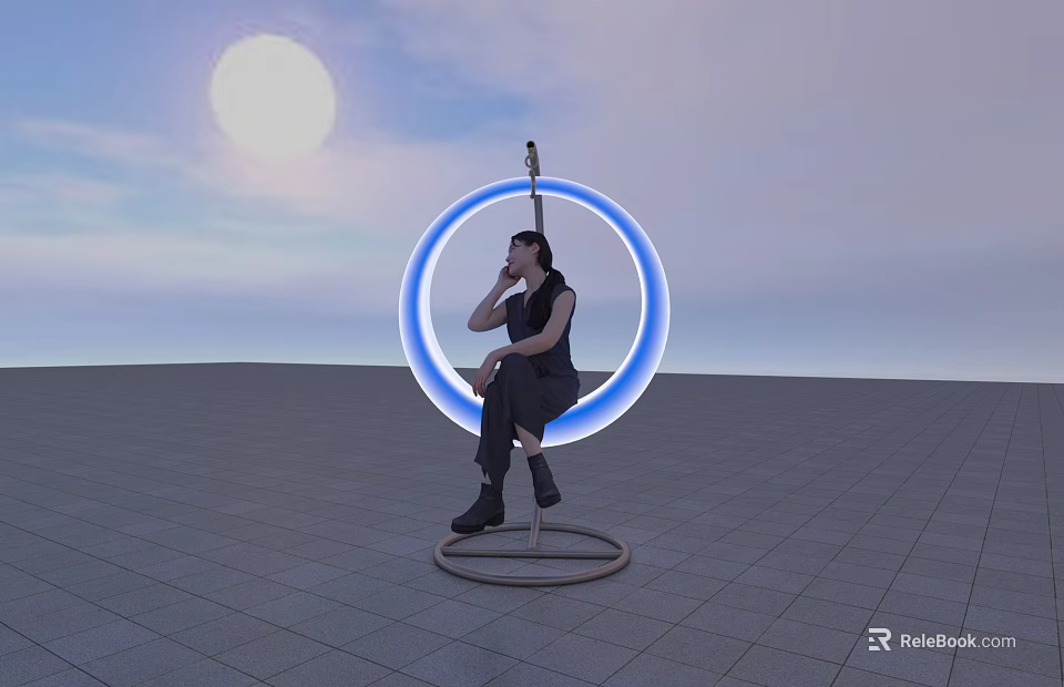 Thoughtful Woman Sitting On Circular Platform With Blue Glowing Ring Under Sunlit Blue Sky 3d model 