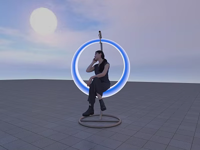 Thoughtful Woman Sitting On Circular Platform With Blue Glowing Ring Under Sunlit Blue Sky 3d model