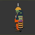 Pixelated Human Characters and Green Monster with Hats Holding Weapons 3d model