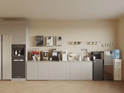 Modern Kitchen With Various Appliances Refrigerator Coffee Machine And Organized Cabinets 3d model