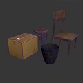 Simple Wooden Chair And Round Stool With Cardboard Box And Black Bucket