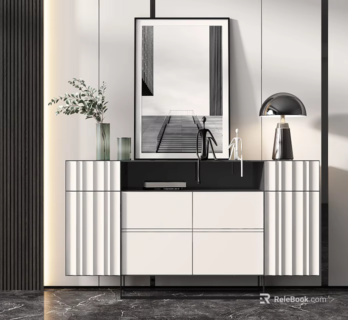 Modern Entryway Console Cabinet With Mirror Vase Table Lamp Drawers And Doors 3d model 