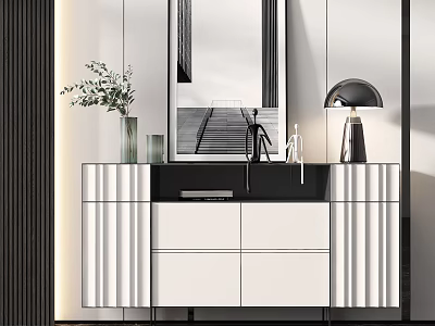 Modern Entryway Console Cabinet With Mirror Vase Table Lamp Drawers And Doors 3d model