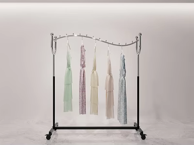 Metal Clothing Rack With Wheels Holding Light Colored Garments In Minimalist Space 3d model