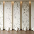 Vertical Floral Patterned Background Wall In White Gray With Wooden Floor And Round Decorative Balls