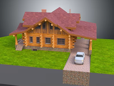 Wooden Log Residential House With Gabled Roof Green Lawn And White Car On Stone Driveway 3d model