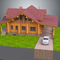 Wooden Log Residential House With Gabled Roof Green Lawn And White Car On Stone Driveway