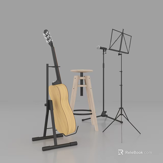 Acoustic Guitar With Music Stand Microphone Stand And Wooden Stool Setup 3d model 