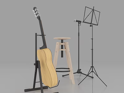 Acoustic Guitar With Music Stand Microphone Stand And Wooden Stool Setup 3d model