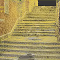 Historic Stone Stairs In Urban Alleyway With Red Brick Wall And Street Sign