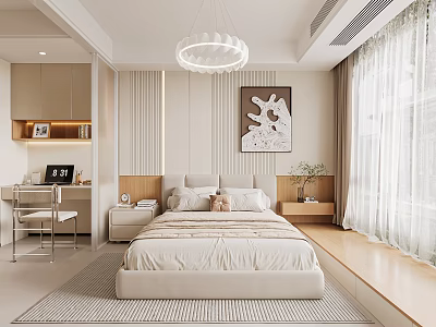 Modern Minimalist Bedroom Interior With Large Bed Chandelier Decorative Painting And Curtains 3d model