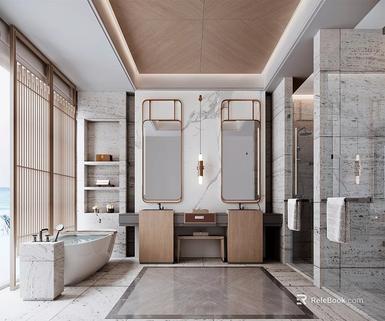 Modern Luxury Bathroom Interior Design With Marble Walls Double Mirrors And Bathtub 3d model 