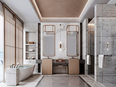 Modern Luxury Bathroom Interior Design With Marble Walls Double Mirrors And Bathtub 3d model