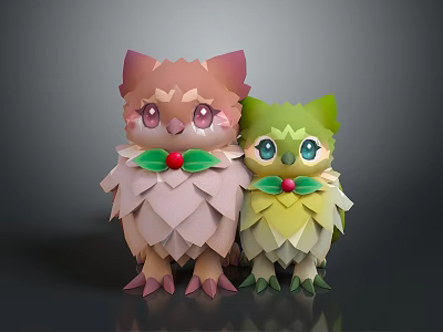 Cute Owl Like Game Movie Characters With Pink Green Feathers And Red Berries 3d model