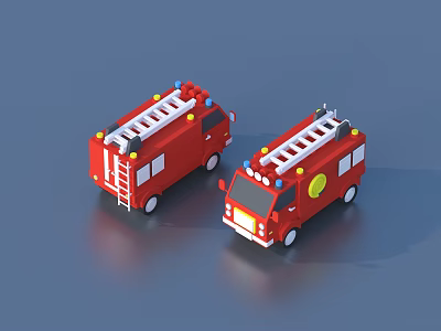 Red Toy Fire Truck Models With Ladders And Yellow Lights On Blue Surface 3d model