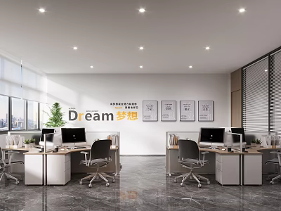 Modern Open Public Office Space With Computers Desks Chairs Plants Paintings Windows And Lights 3d model