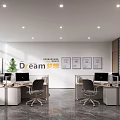 Modern Open Public Office Space With Computers Desks Chairs Plants Paintings Windows And Lights