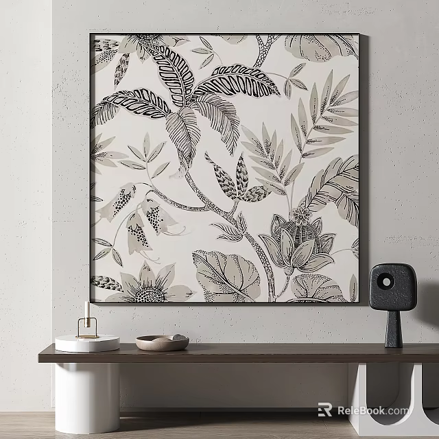 Botanical Leaf Pattern Wall Art With Wooden Shelf And Decorative Items 3d model
