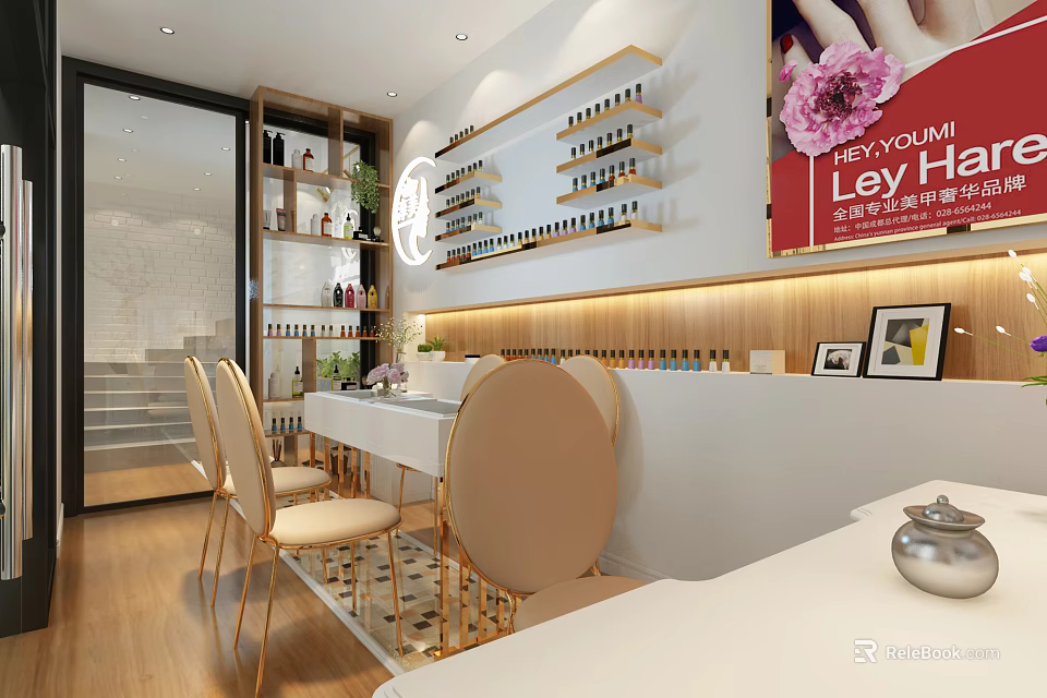 Modern Beauty Hair Salon Interior Design With Product Shelves Styling Tables And Chairs 3d model 