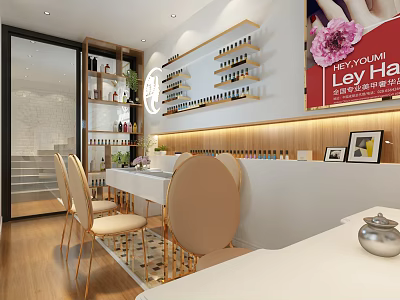 Modern Beauty Hair Salon Interior Design With Product Shelves Styling Tables And Chairs 3d model