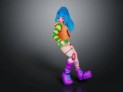 Colorful Anime Character With Blue Hair Green Striped Top Orange Vest And Purple Platform Shoes 3d model
