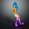 Colorful Anime Character With Blue Hair Green Striped Top Orange Vest And Purple Platform Shoes