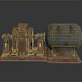 Rusty Mechanical Device Featuring Red Wheels Green Drum and Metal Base 3d model