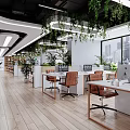 Modern Open Public Office Interior Design With Tables Chairs Plants Hanging Lights And Windows
