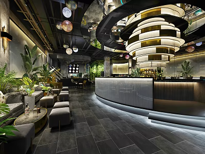 Modern Bar Interior Design With Stylish Counter Seating Ambient Lighting And Green Plants 3d model