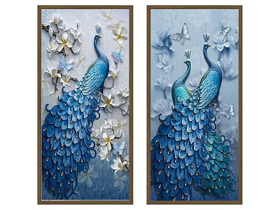 Blue Peacock Animal Paintings with White Flowers Decorative Wall Art for Home 3d model