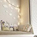 Cozy Kids Bed With Cartoon Cushions Home Sign Cloud Moon Decorations String Lights And Toys