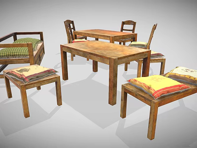 Rustic Wooden Dining Table Set With Four Chairs And Colorful Cushioned Seats 3d model