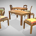 Rustic Wooden Dining Table Set With Four Chairs And Colorful Cushioned Seats