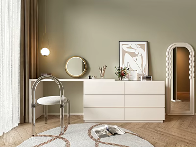 White Dresser With Drawers Round Mirror And Silver Chair Alongside Artwork On Wooden Floor 3d model