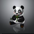 Cute Cartoon Panda Character Sitting Holding Green Bamboo With Black White Fur And Pink Cheeks