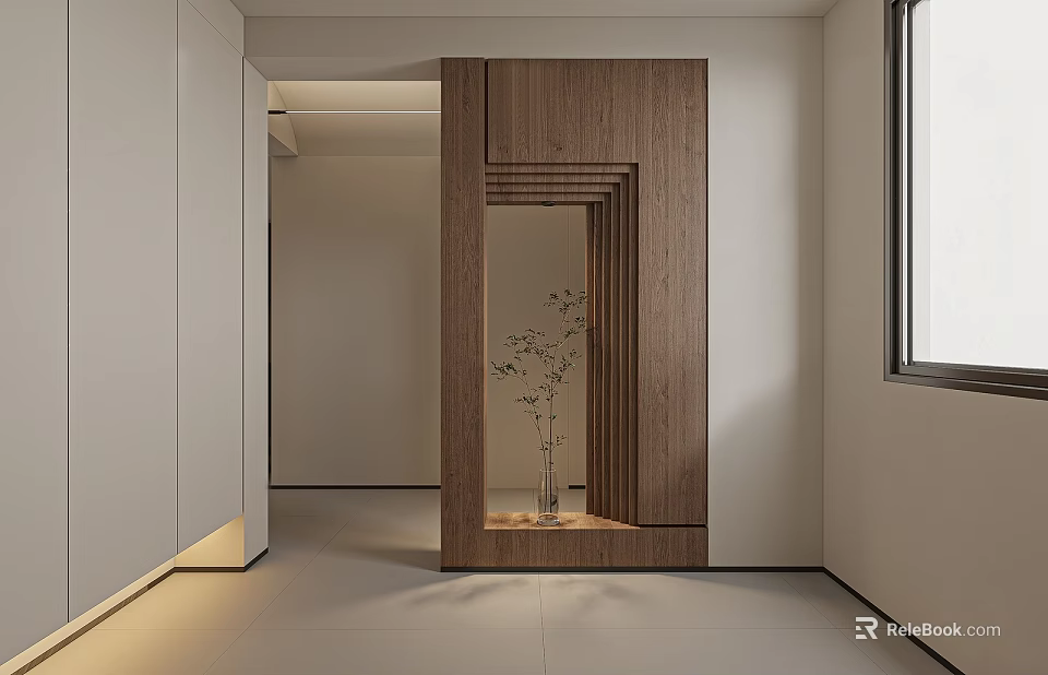 Modern Minimalist Entryway Hallway Interior Design With Wooden Structure Vase And Green Plants 3d model 