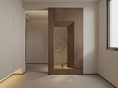 Modern Minimalist Entryway Hallway Interior Design With Wooden Structure Vase And Green Plants 3d model