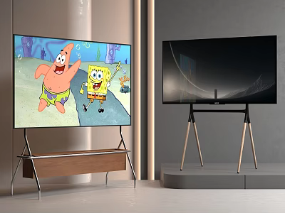 Two Modern TVs Showing Cartoon Characters And Black Display With Stylish Stands 3d model