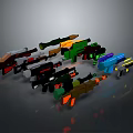 Pixel Style Weapons Featuring Various Colors In 3D Rendered Arranged 3d model