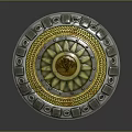 Ornate Round Metal Shield With Sun Pattern Gold Silver Decor And Rivets