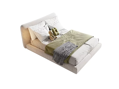 Single Bed With White Headboard Green Quilt Gray Blanket Pillows And Stuffed Toy 3d model