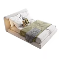 Single Bed With White Headboard Green Quilt Gray Blanket Pillows And Stuffed Toy