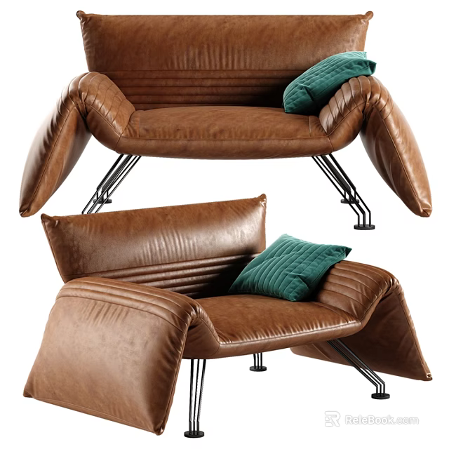 Brown Leather Leisure Chair with Green Cushion and Metal Frame Design 3d model 