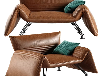 Brown Leather Leisure Chair with Green Cushion and Metal Frame Design 3d model